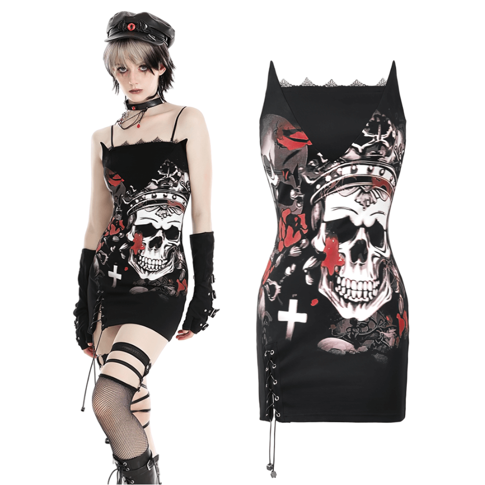 Gothic Skull Print Sleeveless Dress with Lace Detail