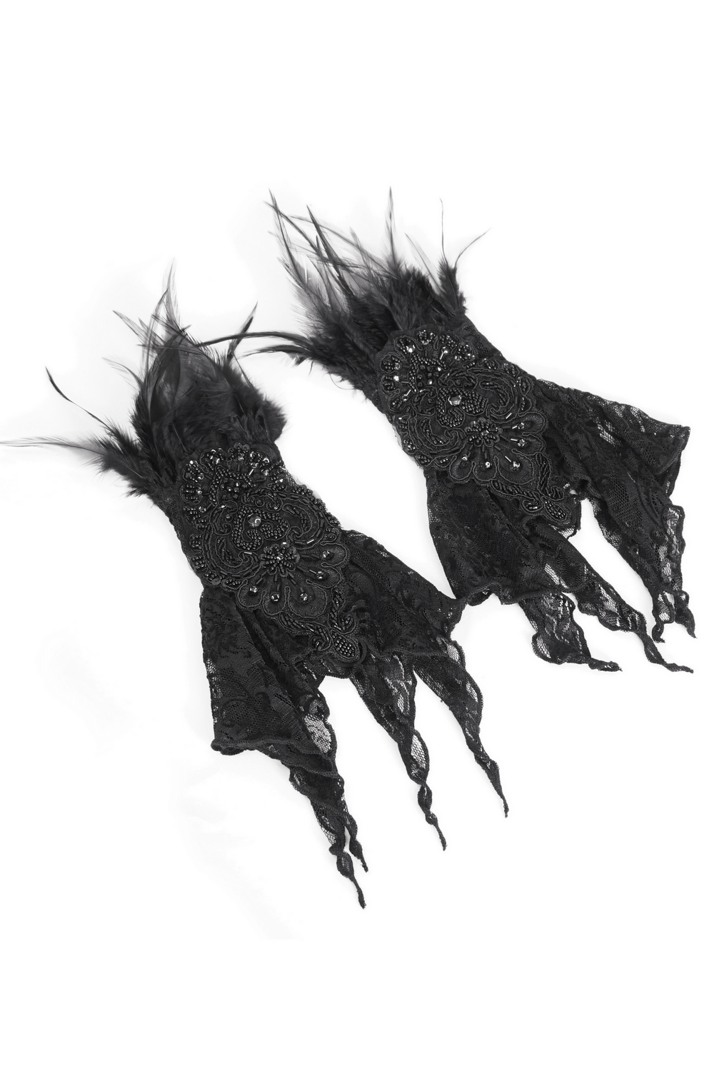 Gothic Women's Lace Fingerless Gloves with Feathers