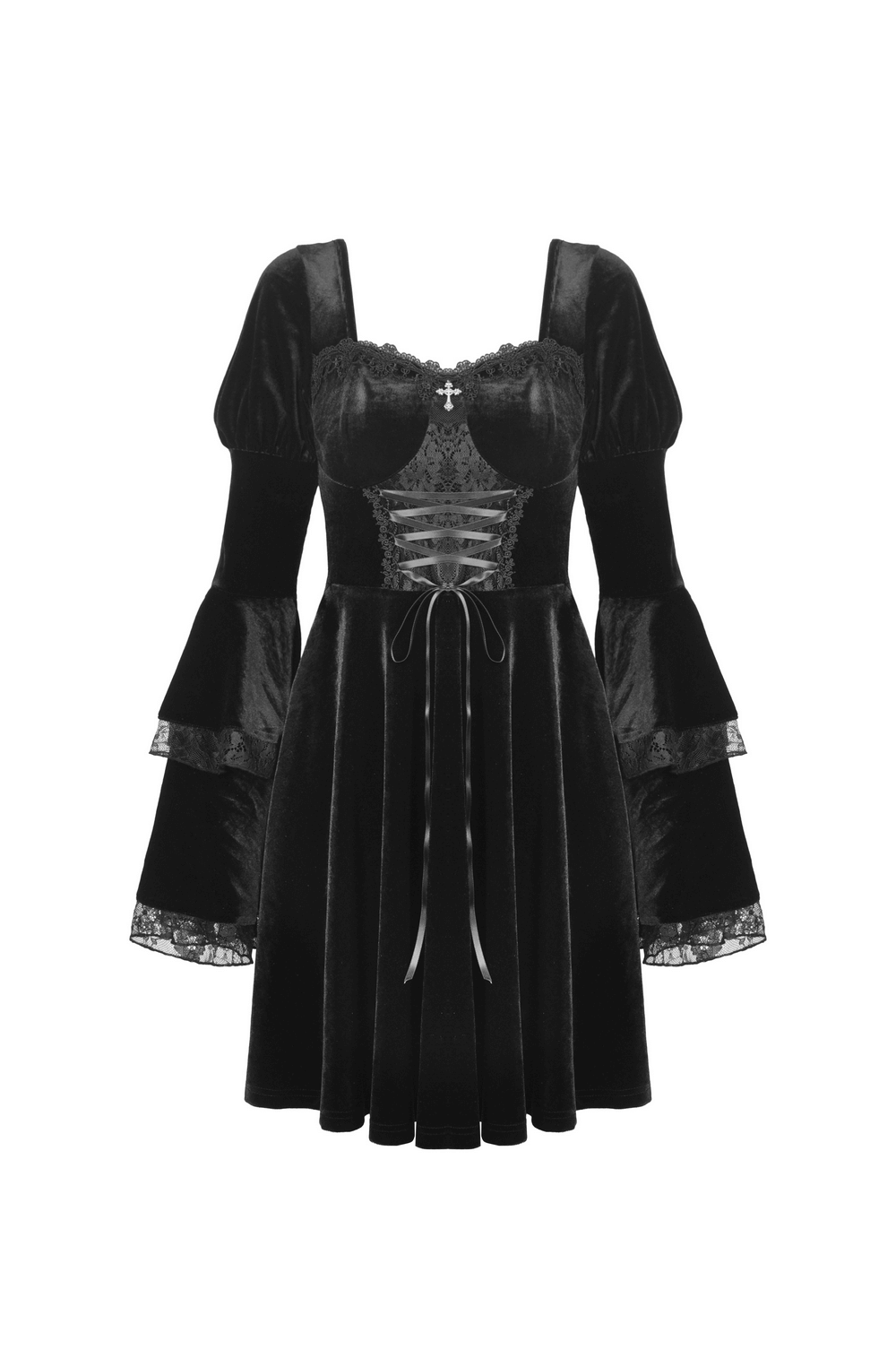 Mystery Gothic Velvet Mini Dress with Lace and Cross