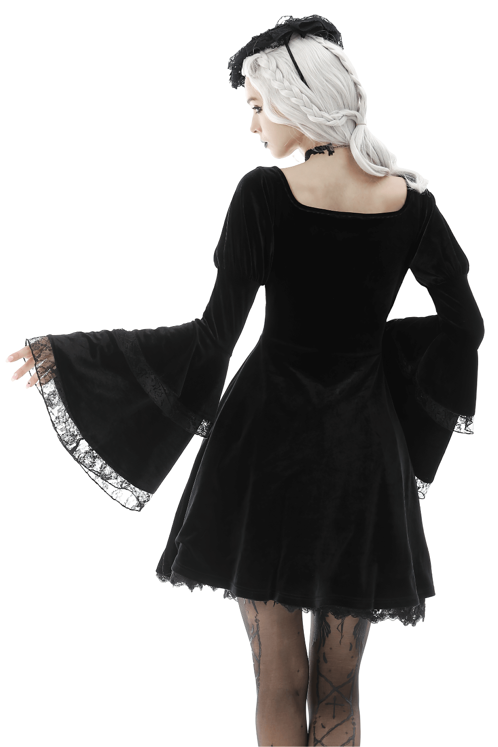 Mystery Gothic Velvet Mini Dress with Lace and Cross