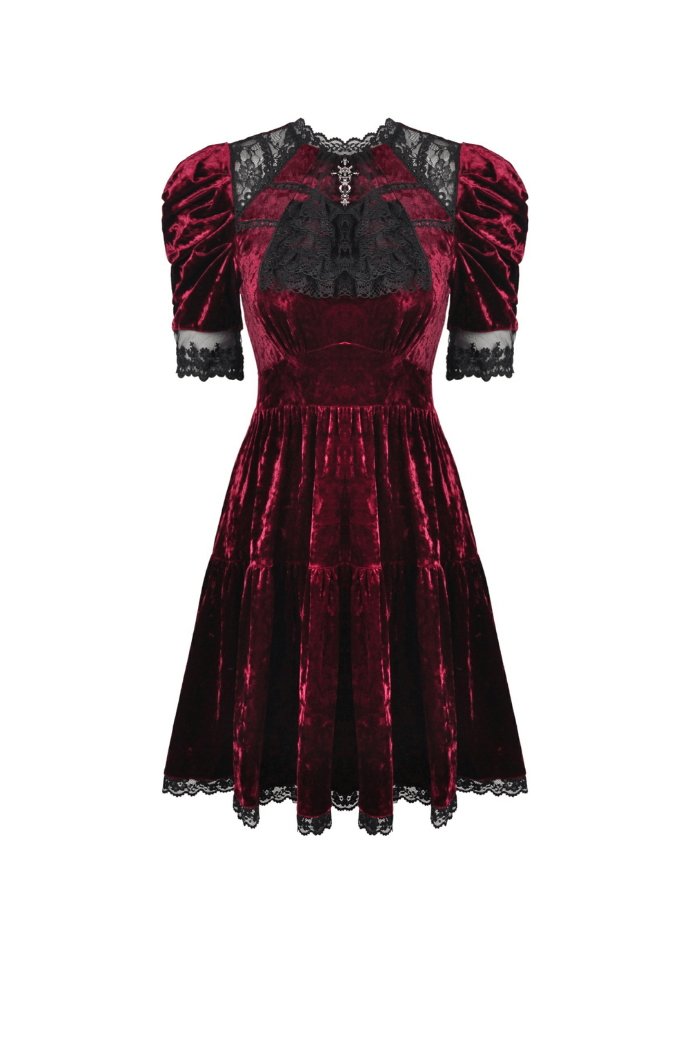 Red Velvet Gothic Dress with Black Lace Detail