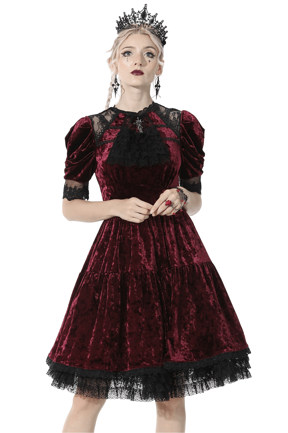 Red Velvet Gothic Dress with Black Lace Detail