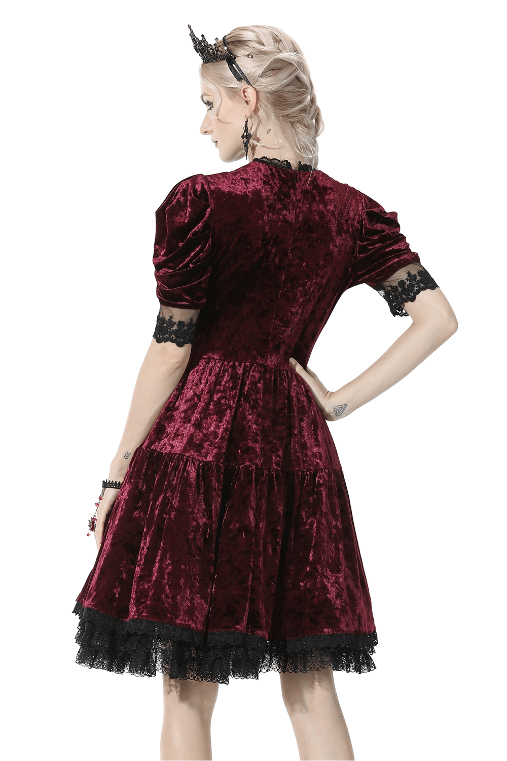 Red Velvet Gothic Dress with Black Lace Detail