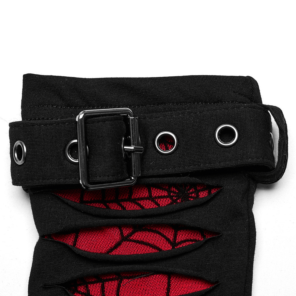 Red-Weave Accent Goth Gloves with Buckle Cuffs