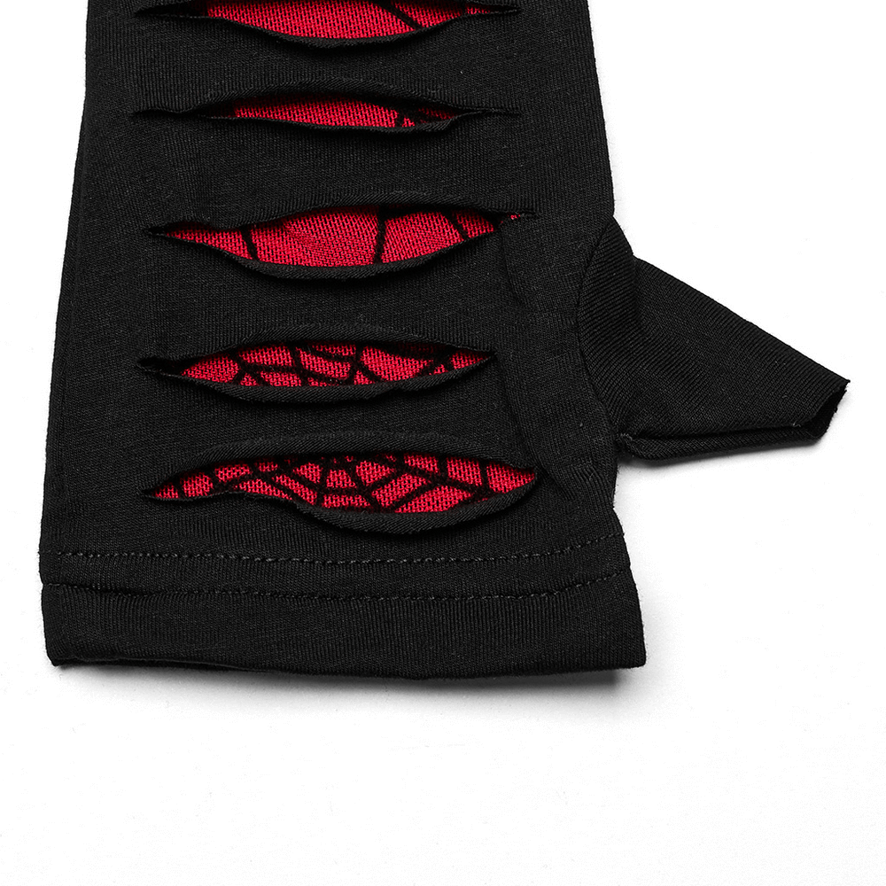 Red-Weave Accent Goth Gloves with Buckle Cuffs