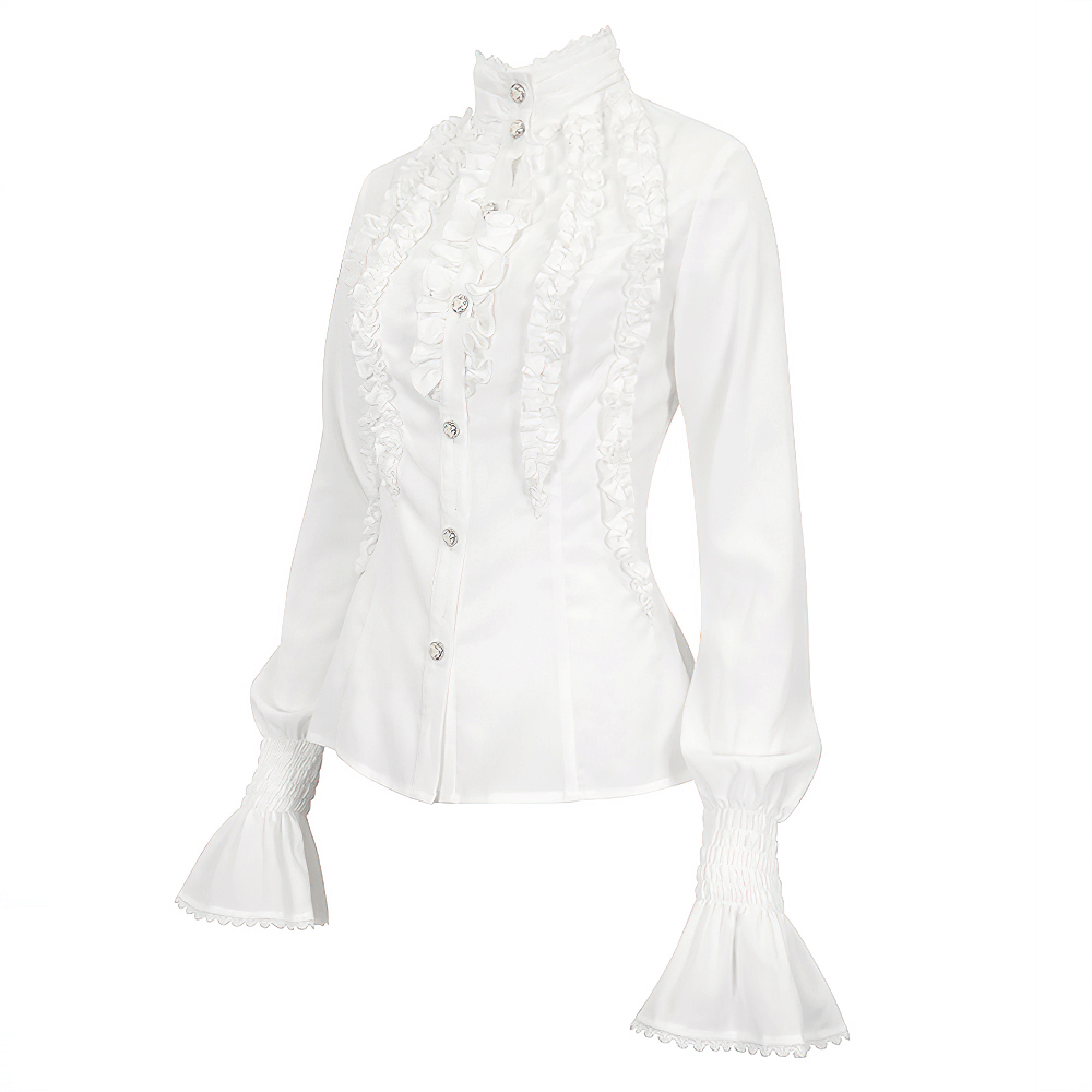 Retro Ruffles Flared Cuff on Sleeves Shirt / Gothic Slim White Blouse - HARD'N'HEAVY