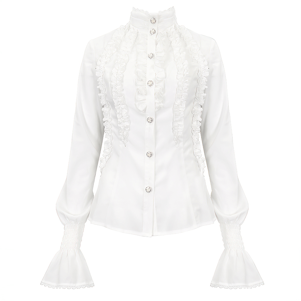 Retro Ruffles Flared Cuff on Sleeves Shirt / Gothic Slim White Blouse - HARD'N'HEAVY