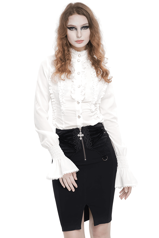 Retro Ruffles Flared Cuff on Sleeves Shirt / Gothic Slim White Blouse - HARD'N'HEAVY