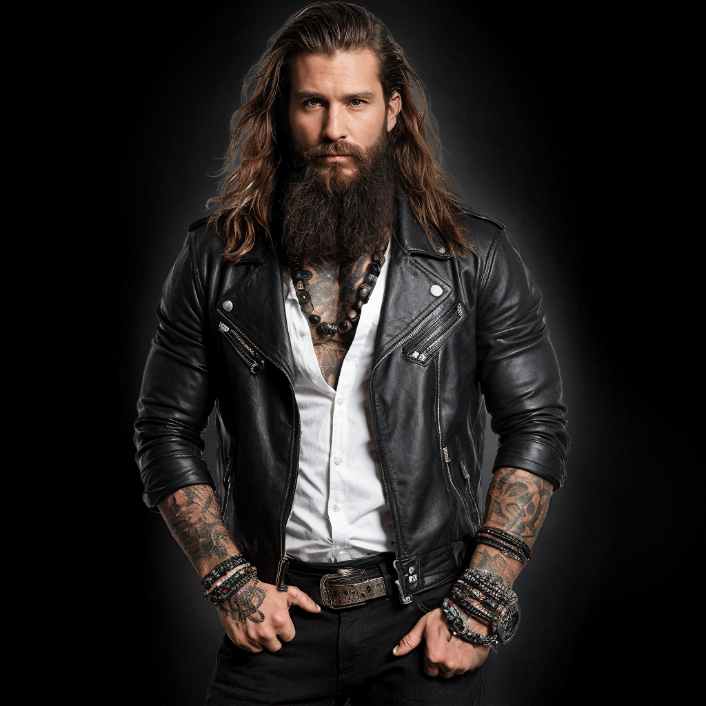 Rugged man with long beard in leather jacket and white shirt.