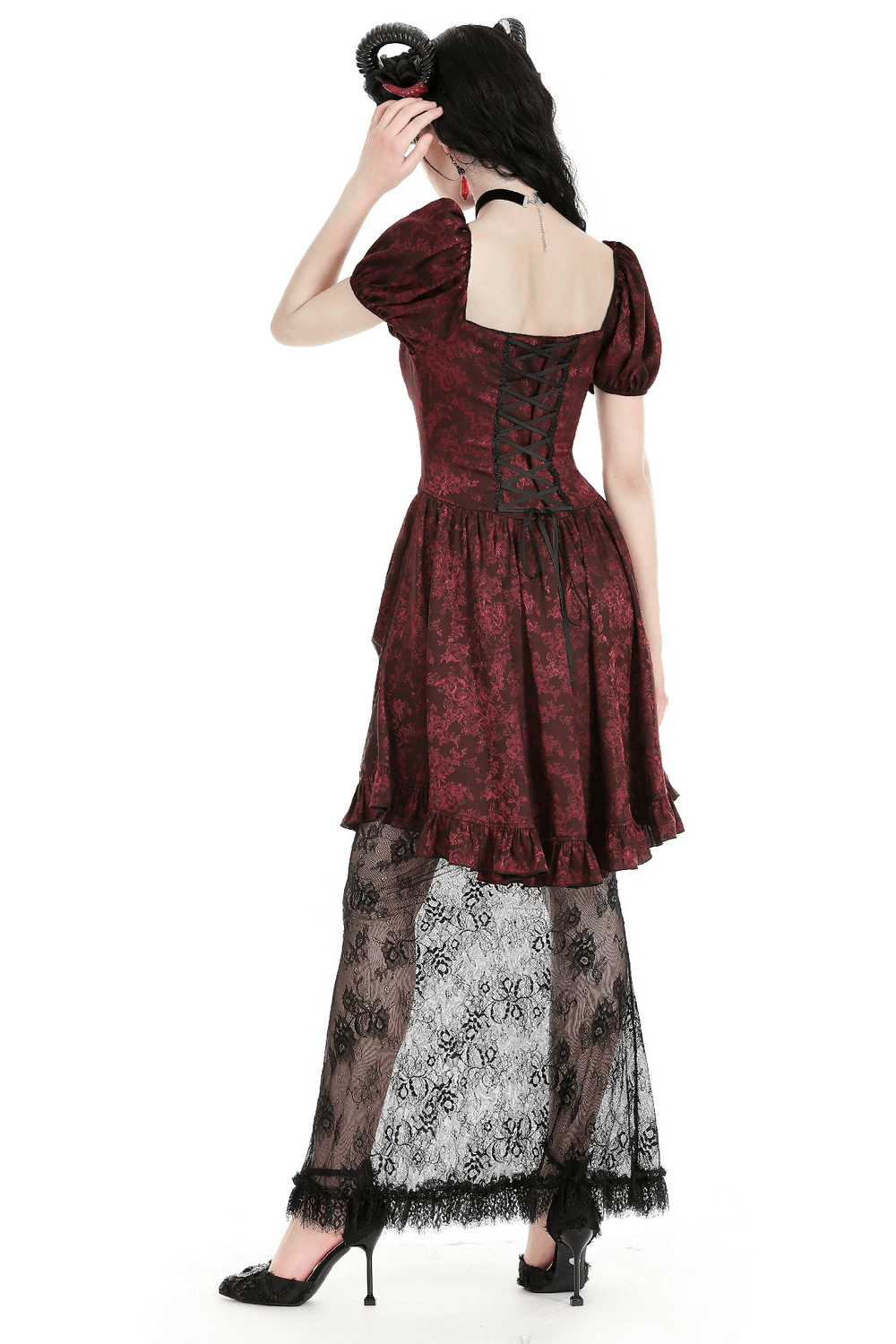 Victorian Gothic Lace-Trimmed Dress with Short Sleeves