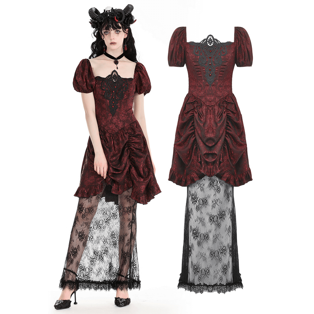 Victorian Gothic Lace-Trimmed Dress with Short Sleeves