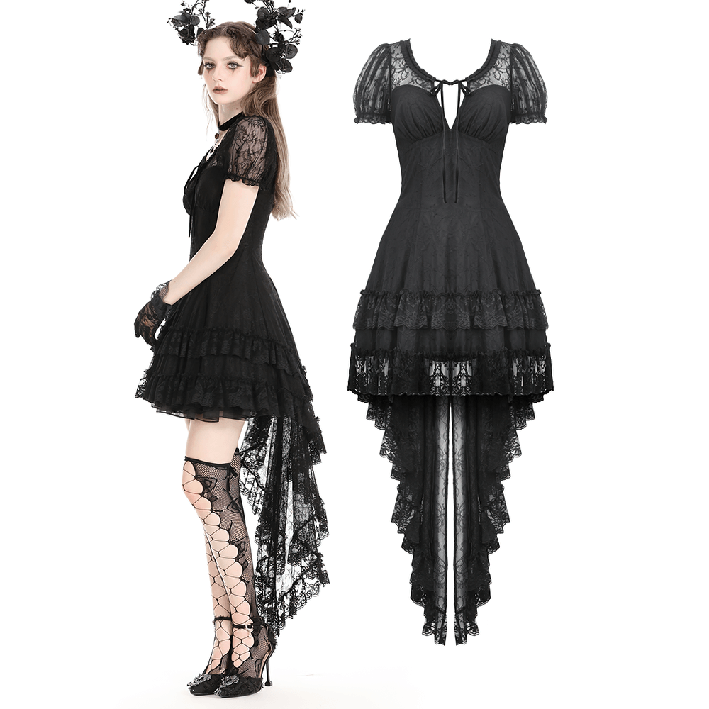 Women's Elegant Gothic Dress with Lace Overlay and Tail