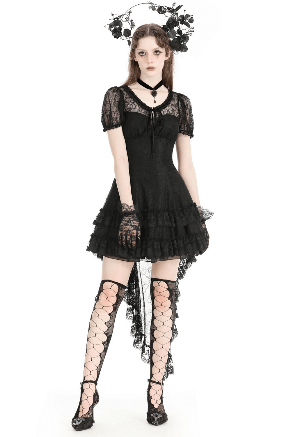 Women's Elegant Gothic Dress with Lace Overlay and Tail