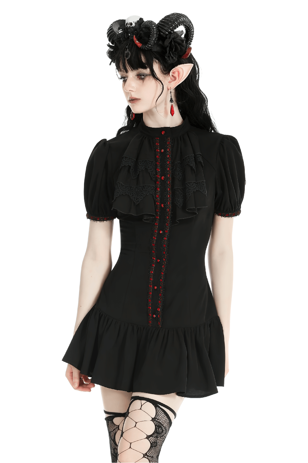 Women's Gothic Puff Sleeves Ruffle Mini Dress with Buttons