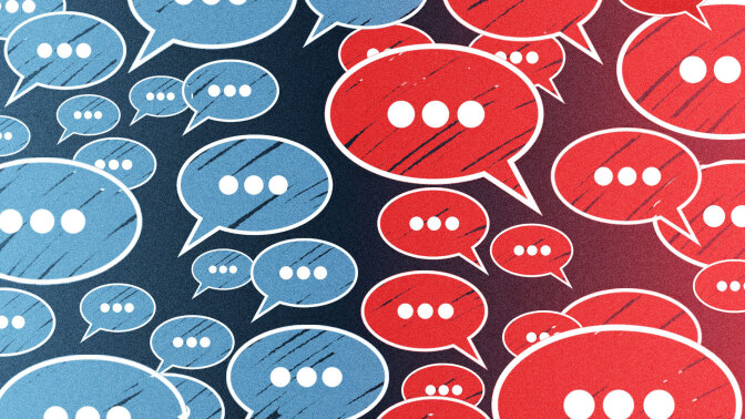 Speech bubbles colored red and blue float next to each other. 