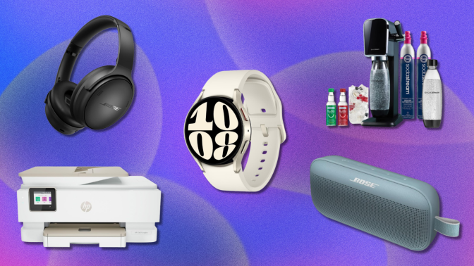 A photo collage featuring Bose QuietComfort headphones, HP printer, Samsung smart watch, SodaStream, and Bose speaker.