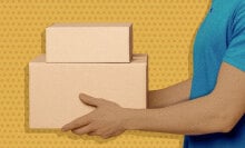 Animated man in a blue shirt holding a stack of cardboard boxes