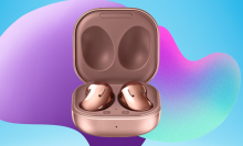 samsung galaxy buds live in bronze against blue and purple background