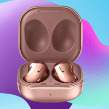 samsung galaxy buds live in bronze against blue and purple background