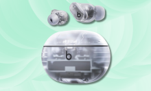 Clear Beats Studio Buds+ on pastel background