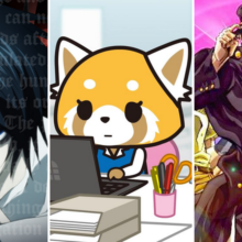 Three anime stills: a closeup of a pale young man, a red panda working at an office desk, and a very muscular man striking a pose