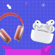 grid blue and pink background with prime day bug and pink airpods max and airpods pro in the center