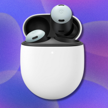 Google Pixel Buds Pro on purple abstract background