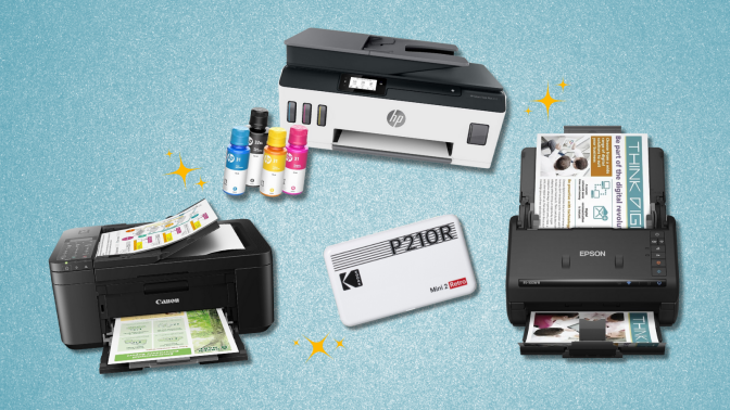 Canon, HP, Kodak, and Epson printers and scanners with blue sparkly background