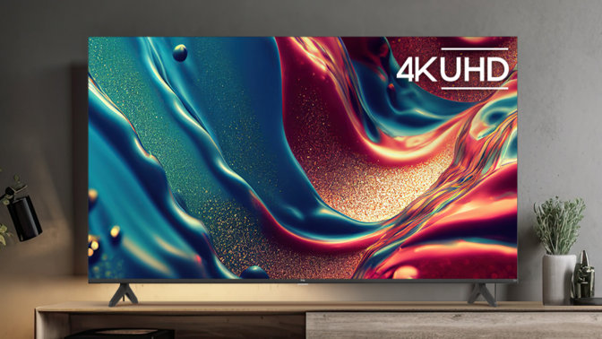 a tcl tv with an abstract background