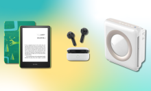 Kindle Paperwhite Kids, Amazon Echo Buds, and Coway air purifier with colorful background