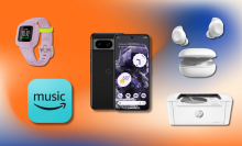 Amazon Music logo, Garmin vivofit jr. watch, Google Pixel 8, HP printer, and Samsung Galaxy Buds FE with colorful background