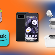 Amazon Music logo, Garmin vivofit jr. watch, Google Pixel 8, HP printer, and Samsung Galaxy Buds FE with colorful background