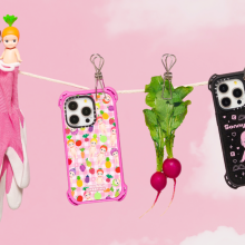 Two Sonny Angel x Casetify cases hang on a clothing line next to a pair of radishes and a set of pink gardening gloves.