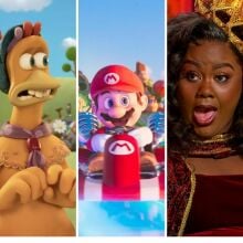 Images from "Chicken Run: Dawn of the Nugget," "Unbreakable Kimmy Schmidt: Kimmy vs. the Reverend," "The Super Mario Bros. Movie," "Nailed It!," and "Delicious in Dungeon"