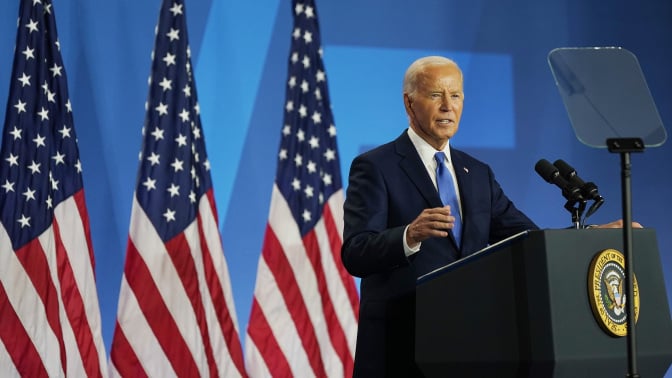 U.S. President Joe Biden holds news conference at the 2024 NATO Summit on July 11, 2024 in Washington, DC. NATO leaders convene in Washington this week for the annual summit to discuss future strategies and commitments and mark the 75th anniversary of the alliance’s founding.