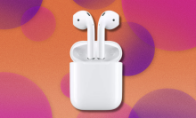 Apple AirPods on orange and purple abstract background