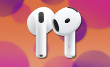 Apple AirPods 4 on pink and orange abstract background