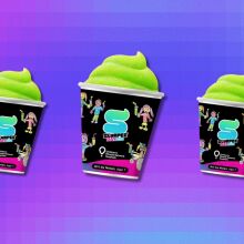 three green slurpees on a purple background