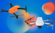 two drones on a blue background with orange accent bubbles