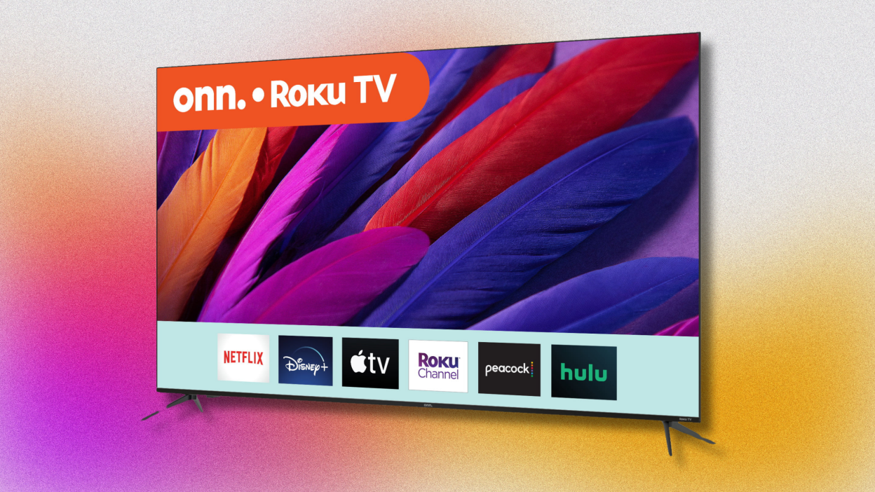 onn roku smart tv against a colorful background