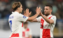 Lovro Majer of Croatia celebrates scoring his team's fourth goal