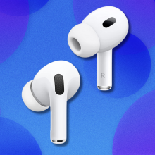 Apple AirPods Pro (2nd Gen) on blue and purple abstract background 