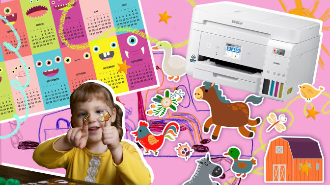 Digital collage of kids crafts featuring Epson printer