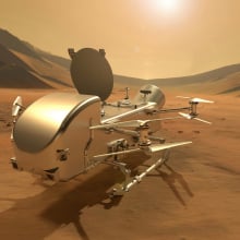 An artist's conception of the Dragonfly spacecraft settled down on the surface of Saturn's moon Titan.