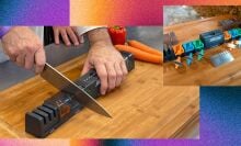 collage showing two images of angle pro knife sharpener