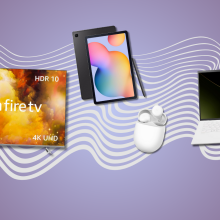 Fire TV, Samsung Galaxy Tab, Google Pixel Buds, and LG gram laptop with purple gradient background