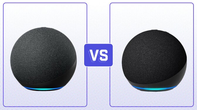 echo and echo dot speaker facing each other with vs. between them