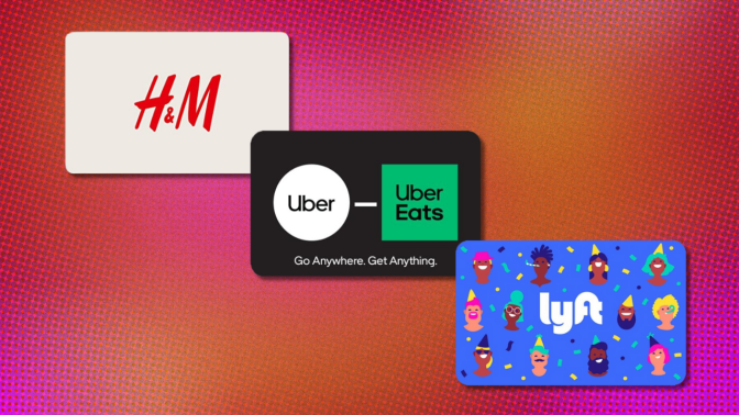 h&m, uber, and lyft gift cards against colorful background