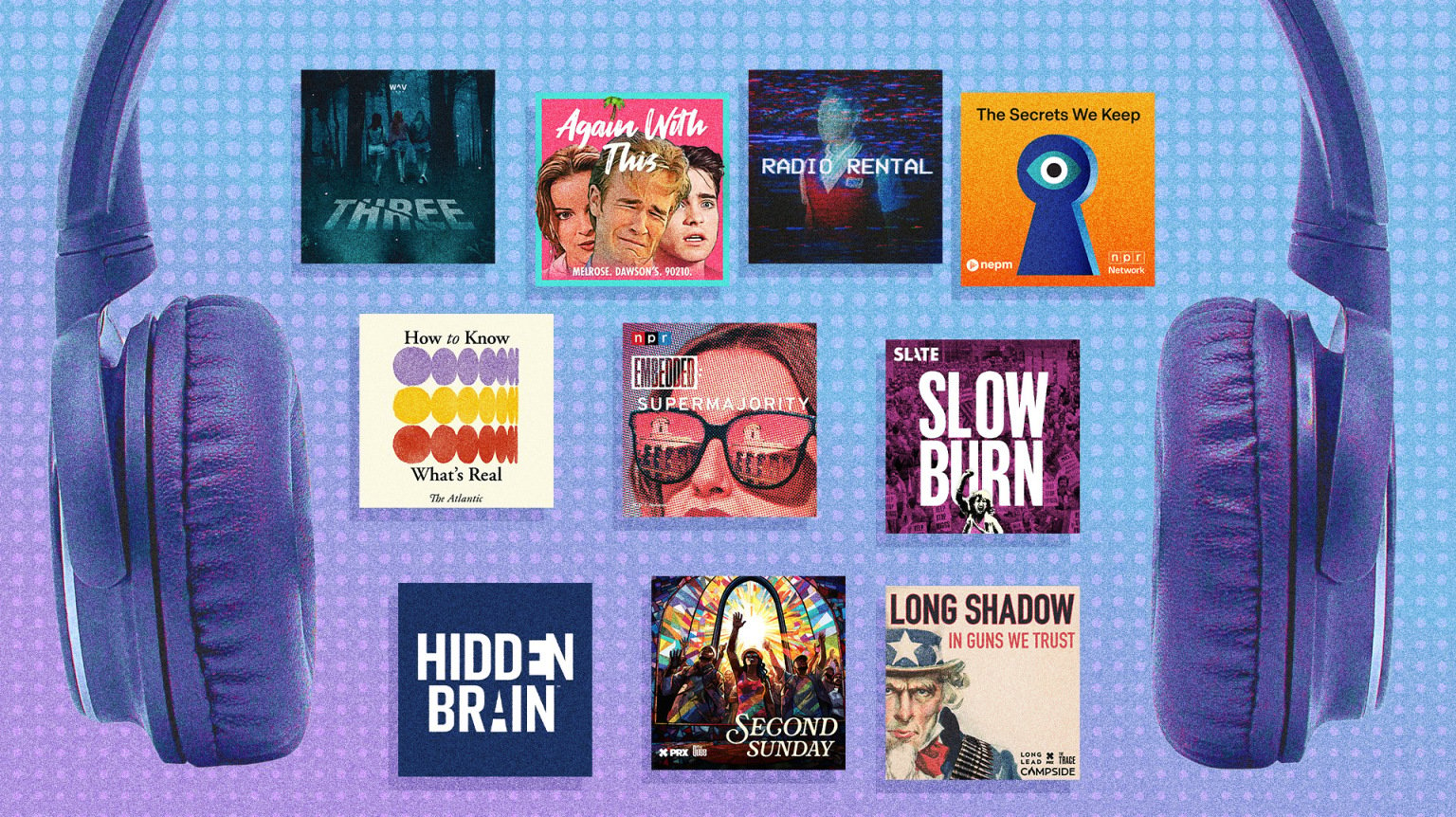 Headphones surround the thumbnail logos of the best podcasts of 2024. 