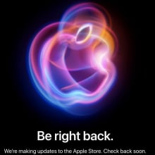 A screenshot of Apple Store page showing the Apple logo on a black background and the words "Be right back."